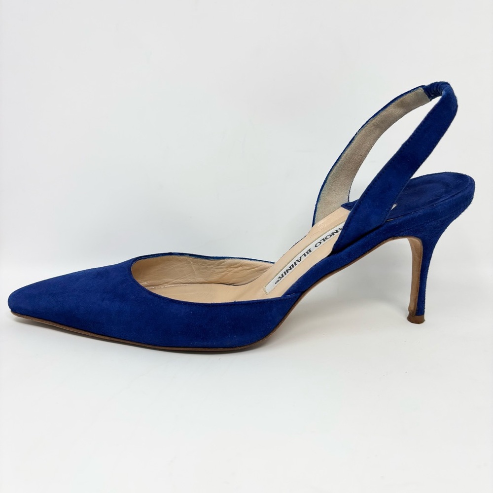 Manolo Blahnik Navy Blue Slingback Pointed-Toe Heels - Picture 10 of 16
